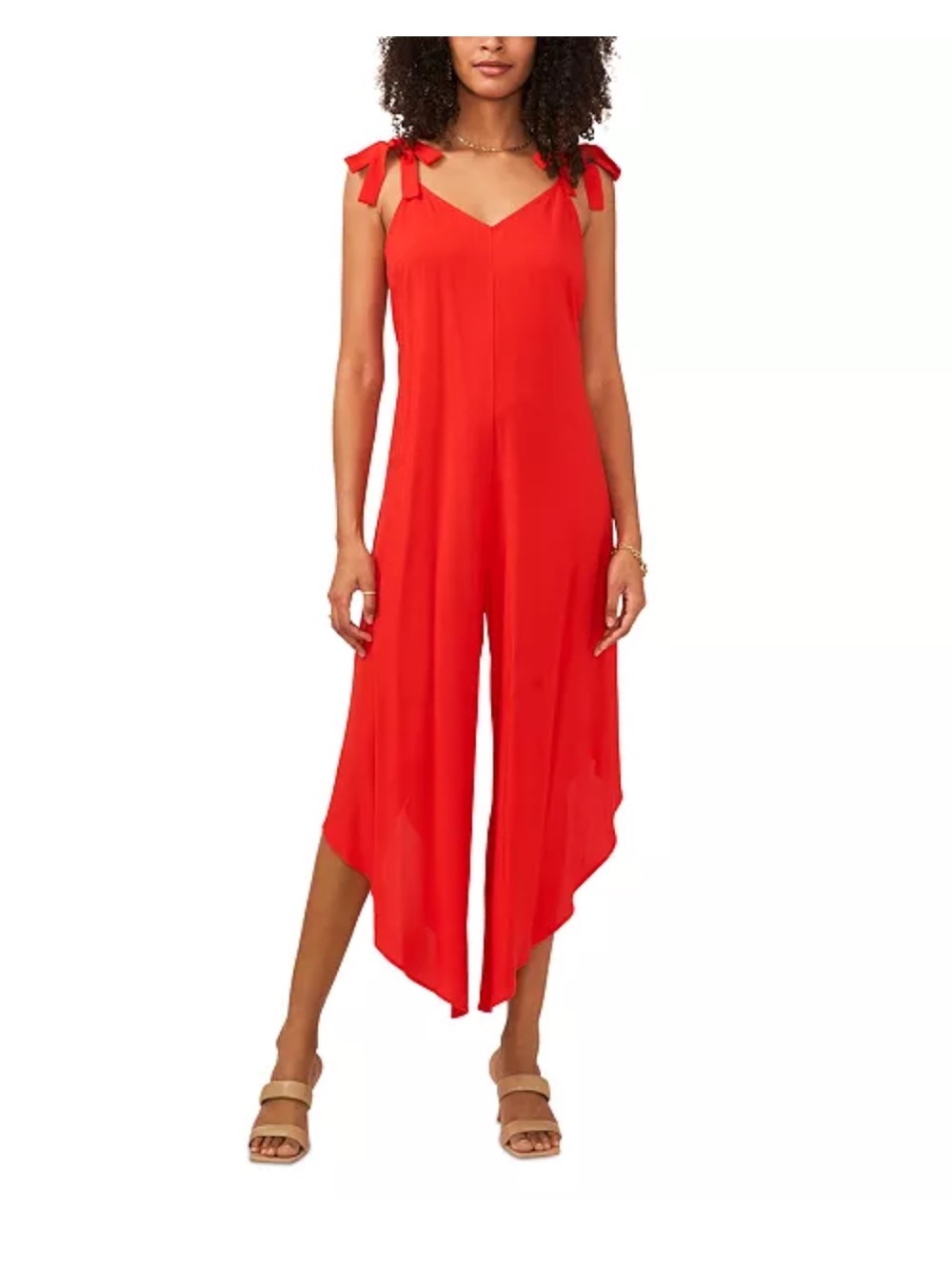 Vince Camuto V-Neck Sleeveless Tie-Shoulder Angled-Hem Jumpsuit | Size Small
